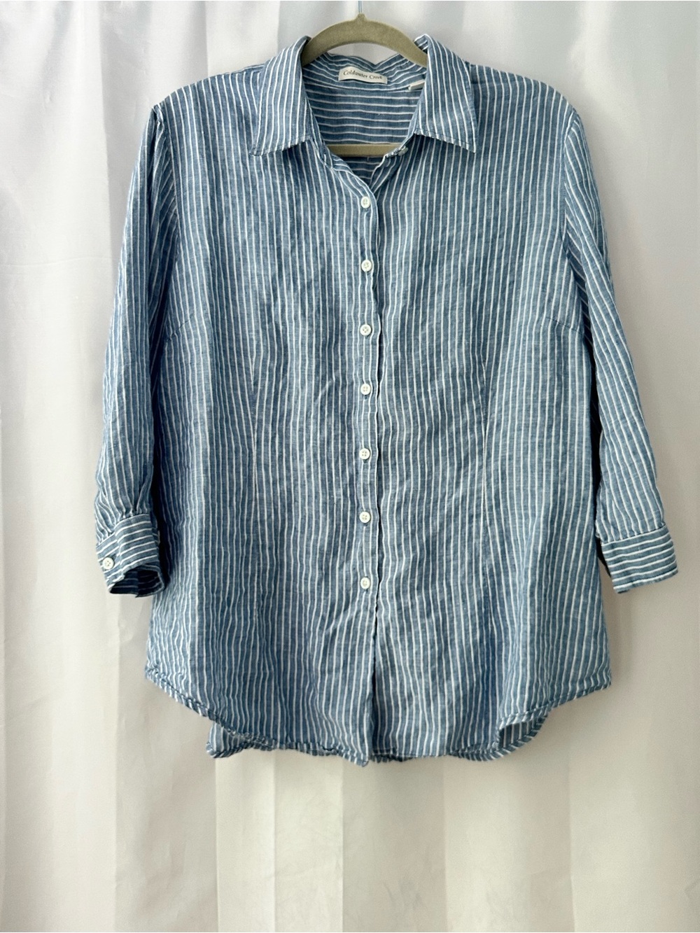 Coldwater Creek XL Blue & White Striped Lightweight Linen Shirt Coastal Beach